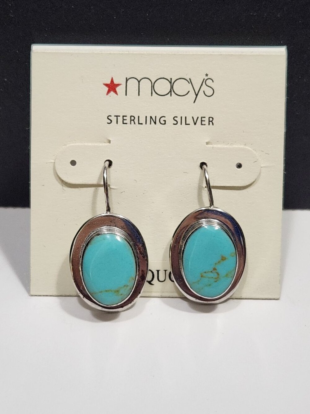 Macy's Sterling Silver Turquoise Oval Drop Earrings Leverback NWT